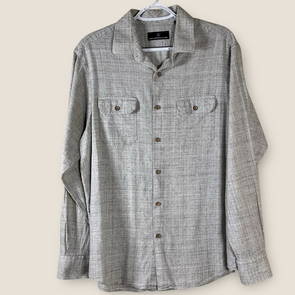 Hart Schaffner Marx Men's Linen Blend Button Down Shirt Gray Size L Long Sleeve